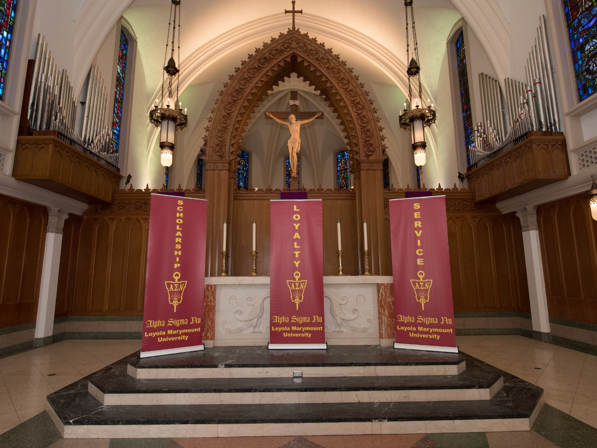 The interior of Sacred Heart Chapel with ASN banners.